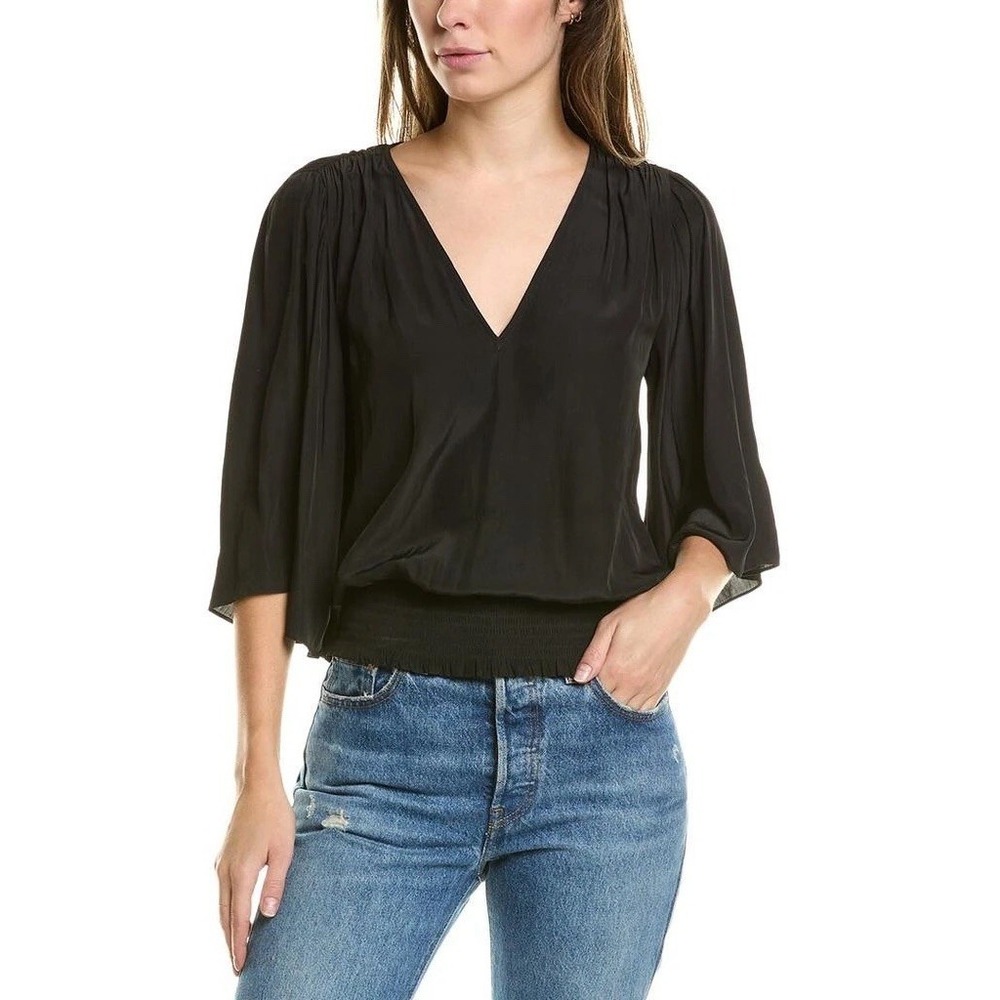 Ramy Brook Elexa Blouse V Neck Shirt Black Size M NWT